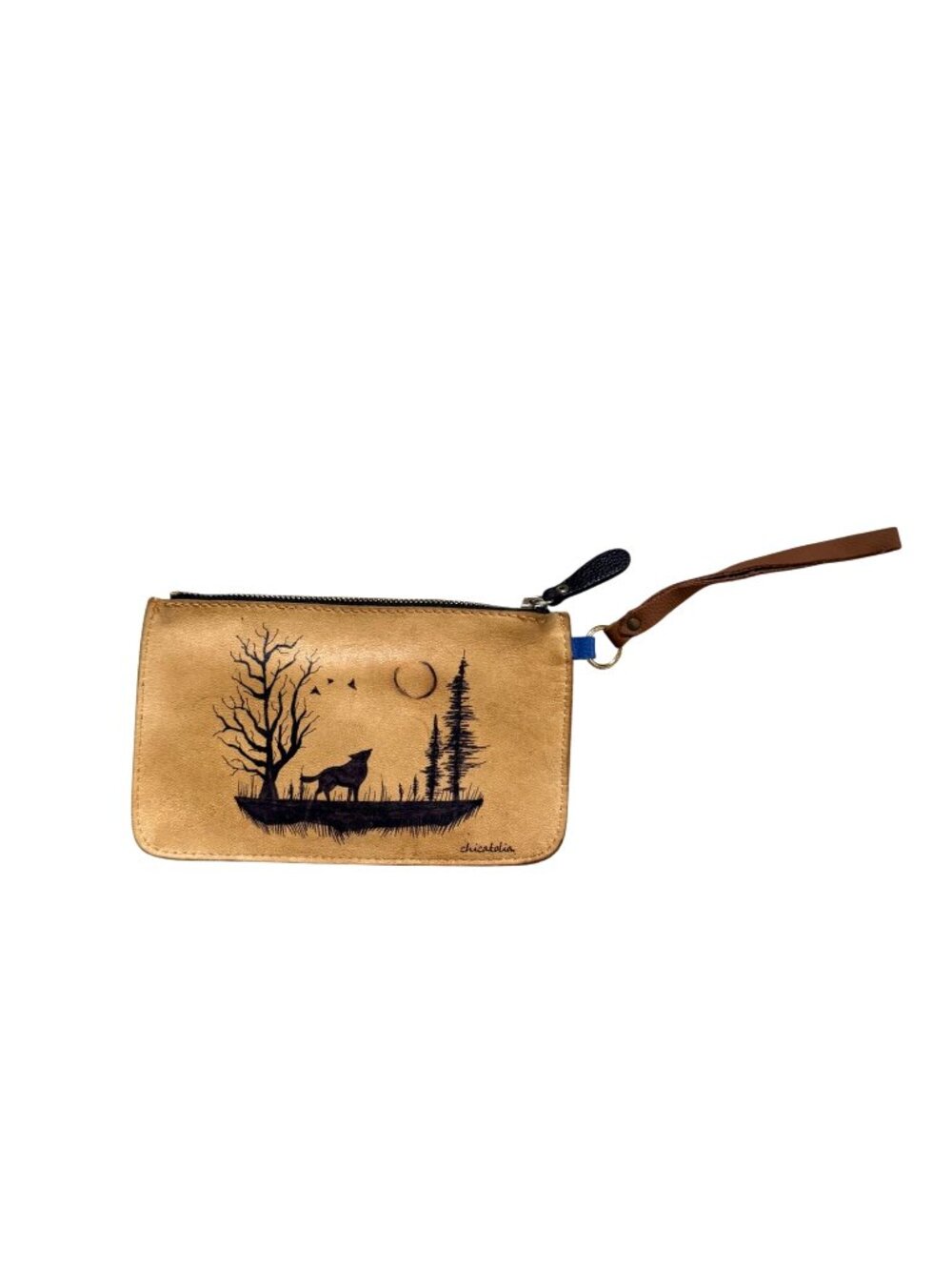 Chicatolia Women's Wristlet Purse Wallet Wolf Moon Handpainted Tan Leather